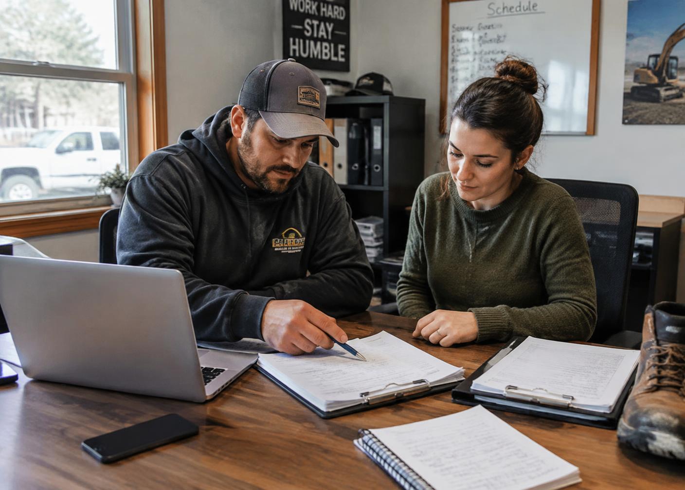 Business owner working through paperwork with a support specialist